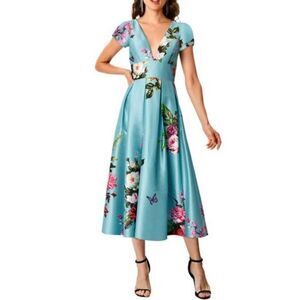 🔥Eshakti blue Rose Bouquet Print Dupioni Banded Empire midi Dress 4x